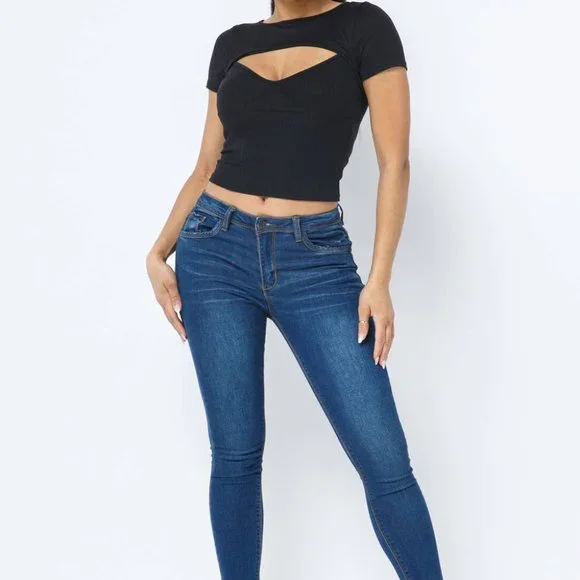 Love J Ribbed Pullover Shrug Cut Out Top--Black - Picture 5 of 6